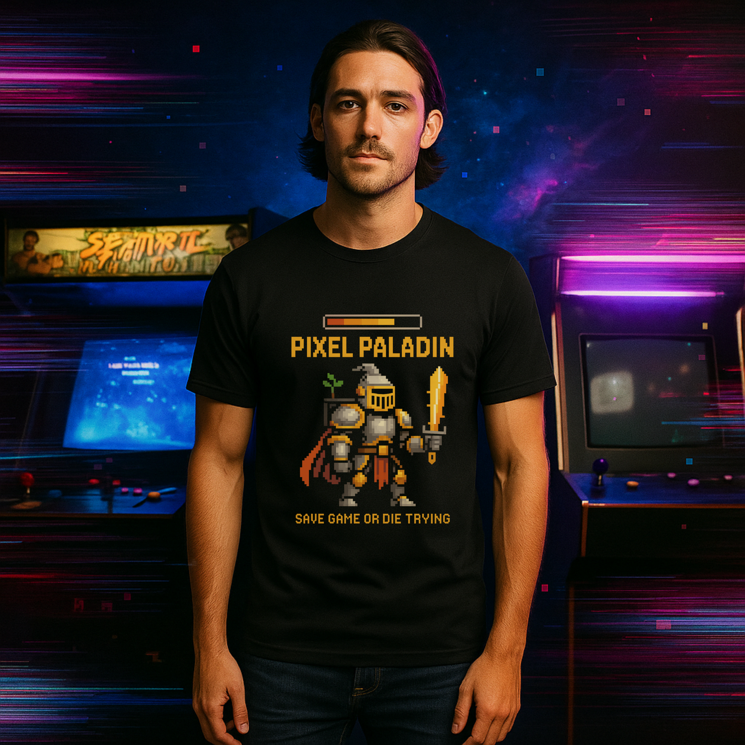 "Model wearing a retro tech graphic t-shirt in a neon arcade setting with VHS and CRT glitch effects — representing the Retro Tech Nostalgia collection by Twistbug."
