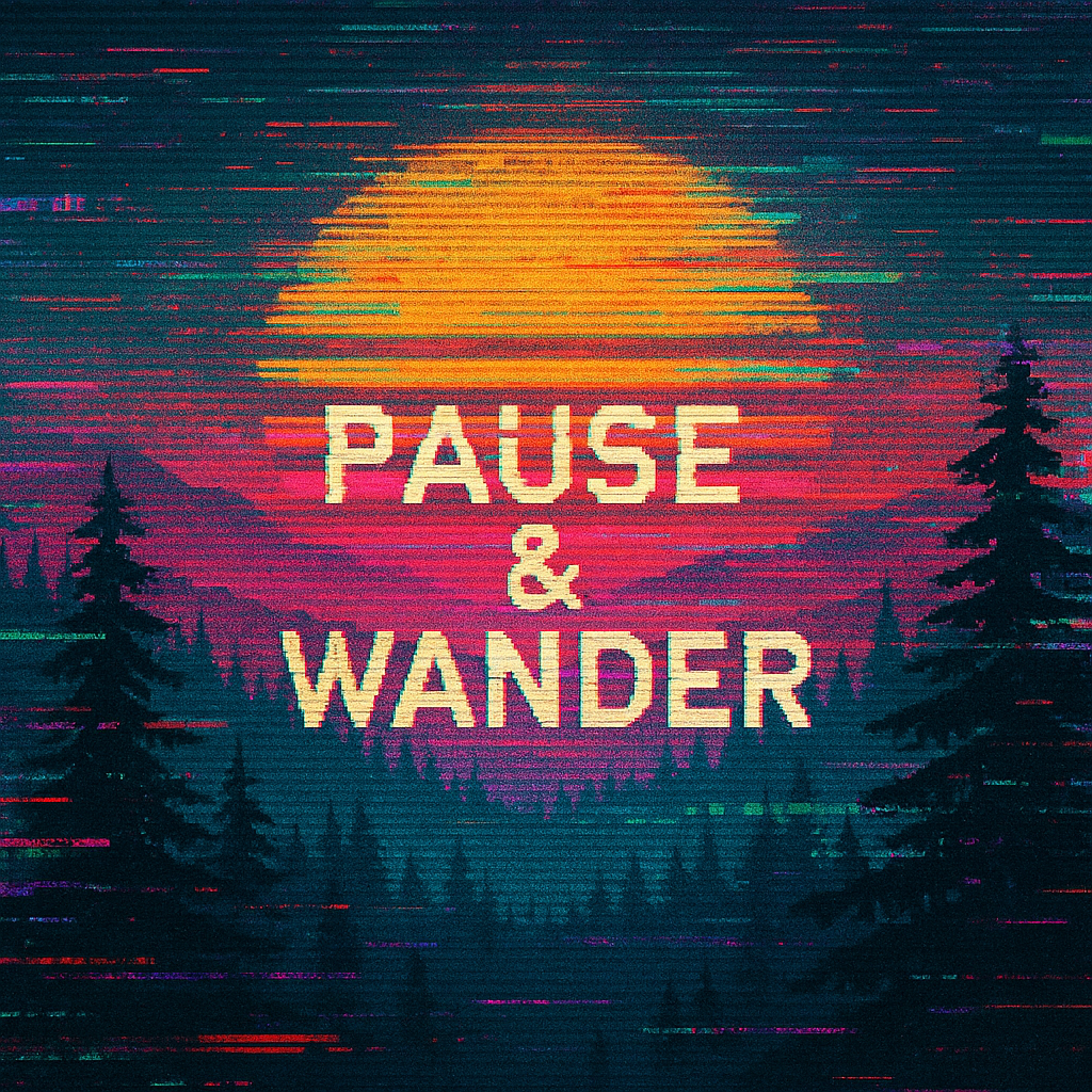 "Surreal digital artwork of a pixelated forest and glitched sunset with VHS static, representing the Mindful Tech Distortion t-shirt collection by Twistbug."