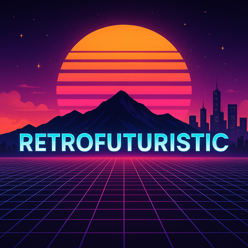 "Neon synthwave sunset with glowing grid mountains and futuristic skyline, representing the Retrofuturistic t-shirt collection by Twistbug."