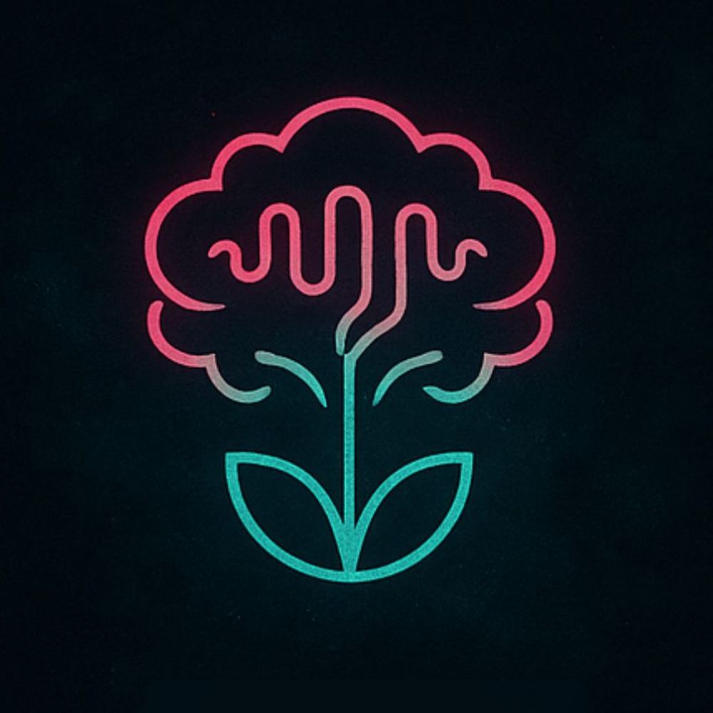 Neon brain-shaped flower symbol with glowing teal and pink lines on a dark futuristic background.