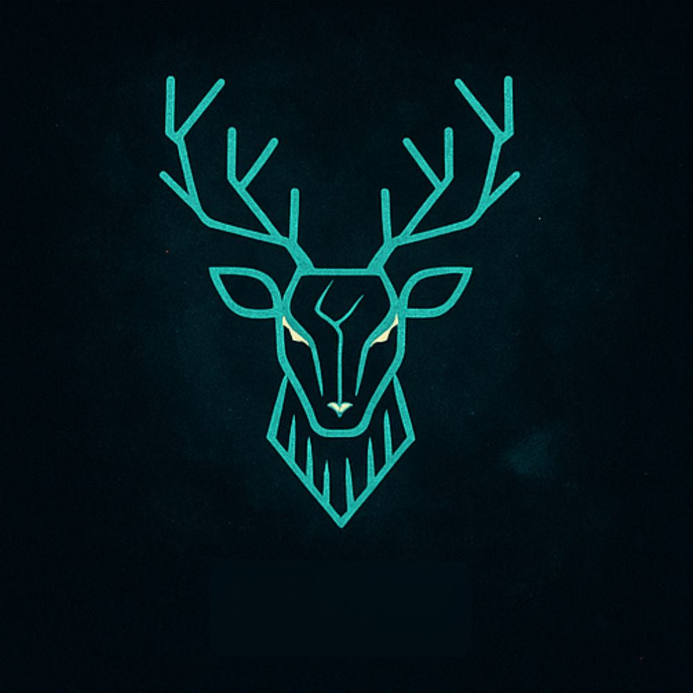 Neon geometric deer head illustration glowing in teal on a dark futuristic background.