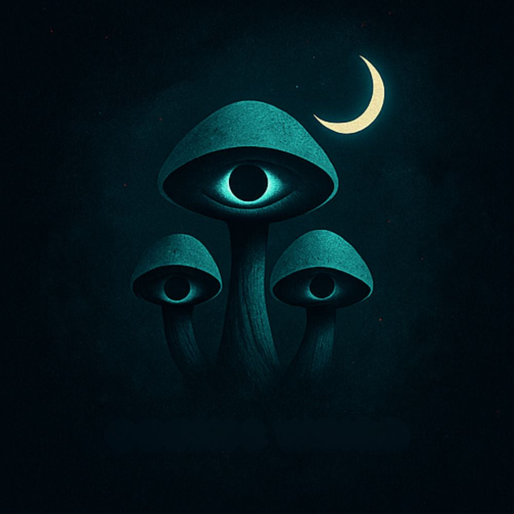 Surreal neon mushrooms with glowing eyes beneath a crescent moon on a dark cosmic background.