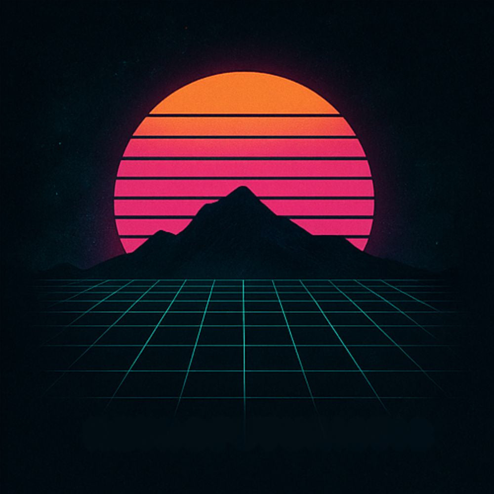 Retro vaporwave sunset with neon grid and silhouetted mountains in pink, orange, and teal tones.