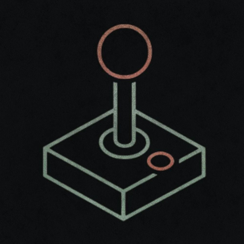 Retro Tech Nostalgia collection icon featuring a neon joystick symbol on a dark textured background.