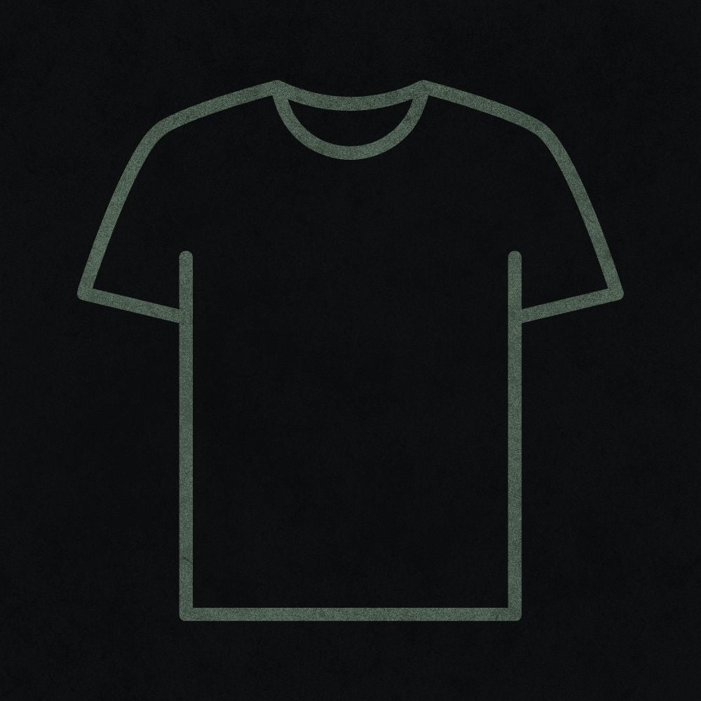 outline of a t-shirt glowing in teal on a black background, retro tech style.
