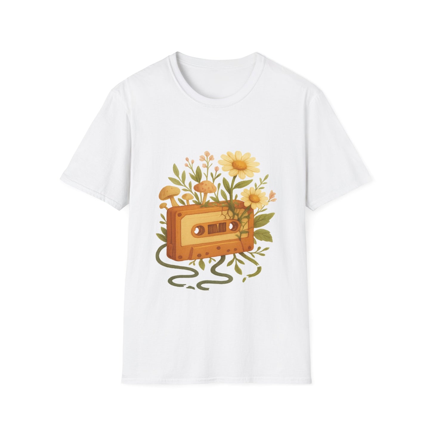 Retro Floral Cassette T-Shirt - Unisex Softstyle Tee for Music Lovers