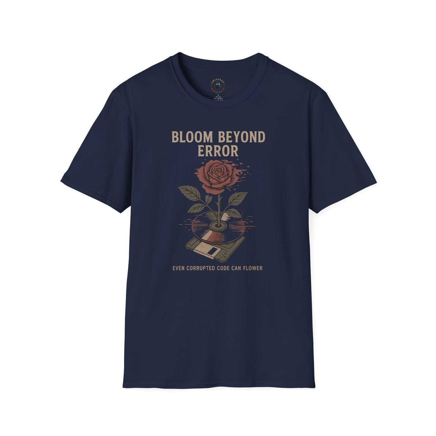 Bloom Beyond Error Tee — Glitched Rose & Floppy Disk Graphic