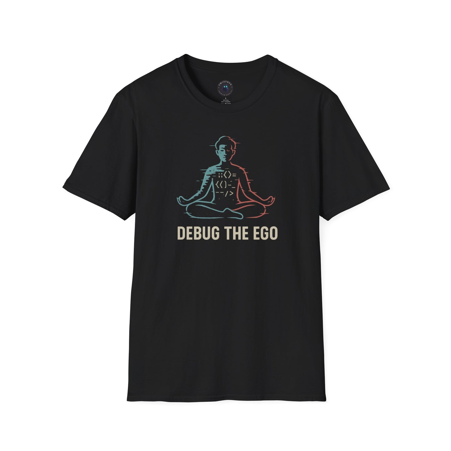 Debug the Ego Tee — Glitched Meditation Code Graphic