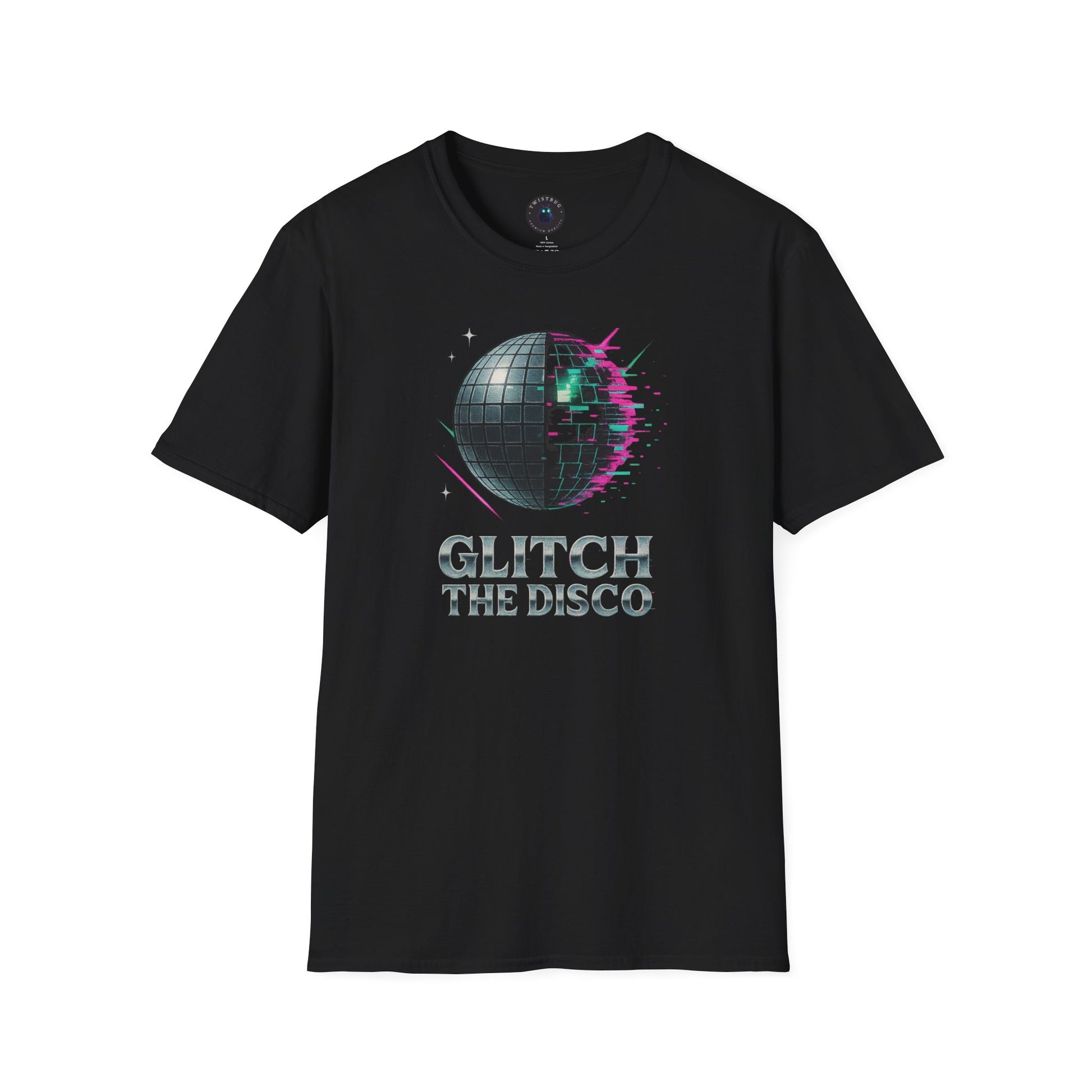 “Front view of Glitch the Disco T-shirt by Twistbug — retrofuturistic chrome disco ball with neon glitch trails.”