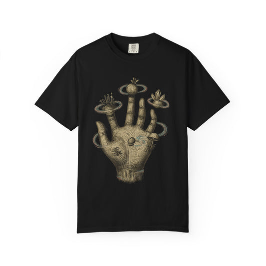 Cosmic Palm T-Shirt – Surreal Hand Planet Growth Graphic Tee | Twistbug