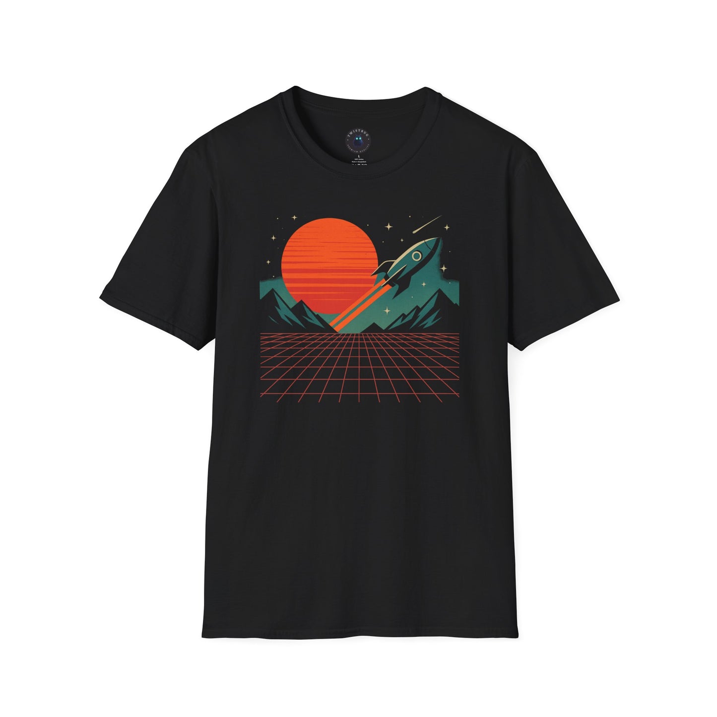 Retro Rocket T-Shirt – Synthwave Sun & Neon Grid