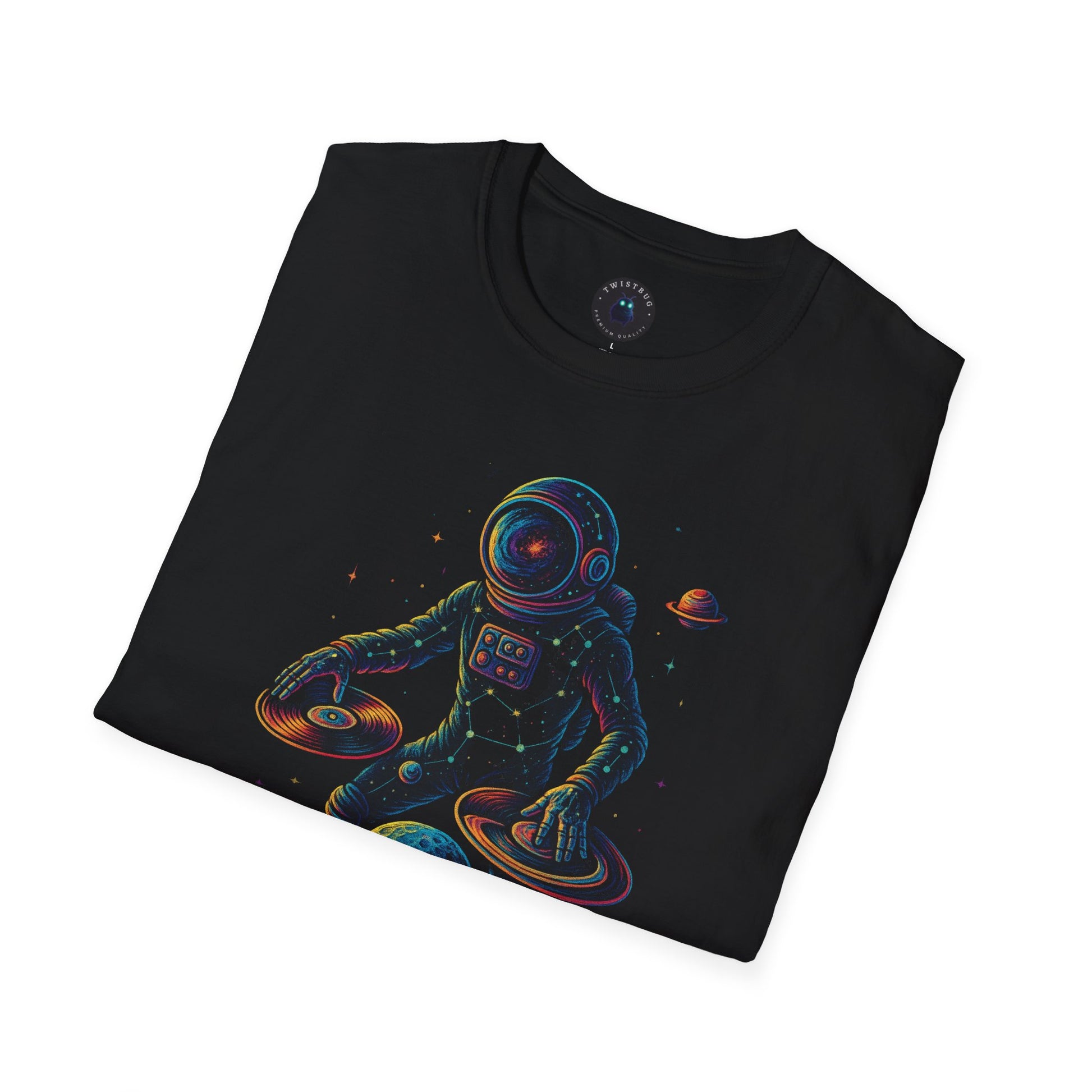 Close-up of DTG neon astronaut DJ artwork