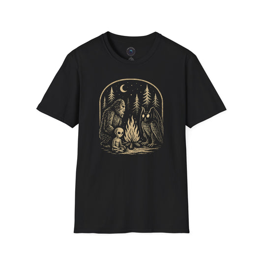 Campfire Cryptids – Bigfoot, Alien & Mothman Night Forest T-Shirt