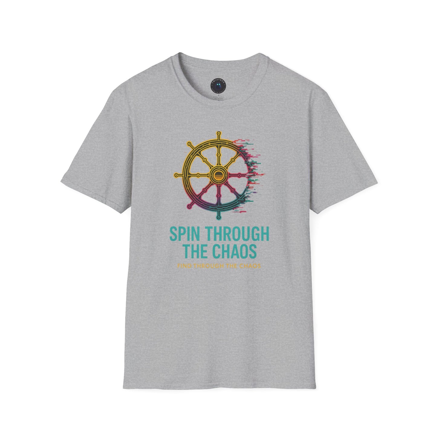 Spin Through the Chaos T-Shirt – Glitch Helm Motivational Tee