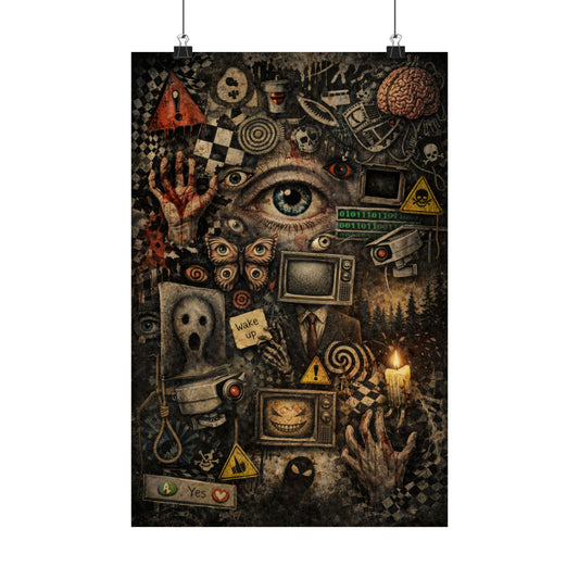 Wake Up – Surreal Horror Collage Wall Art with Eye, TV & Warning Symbols