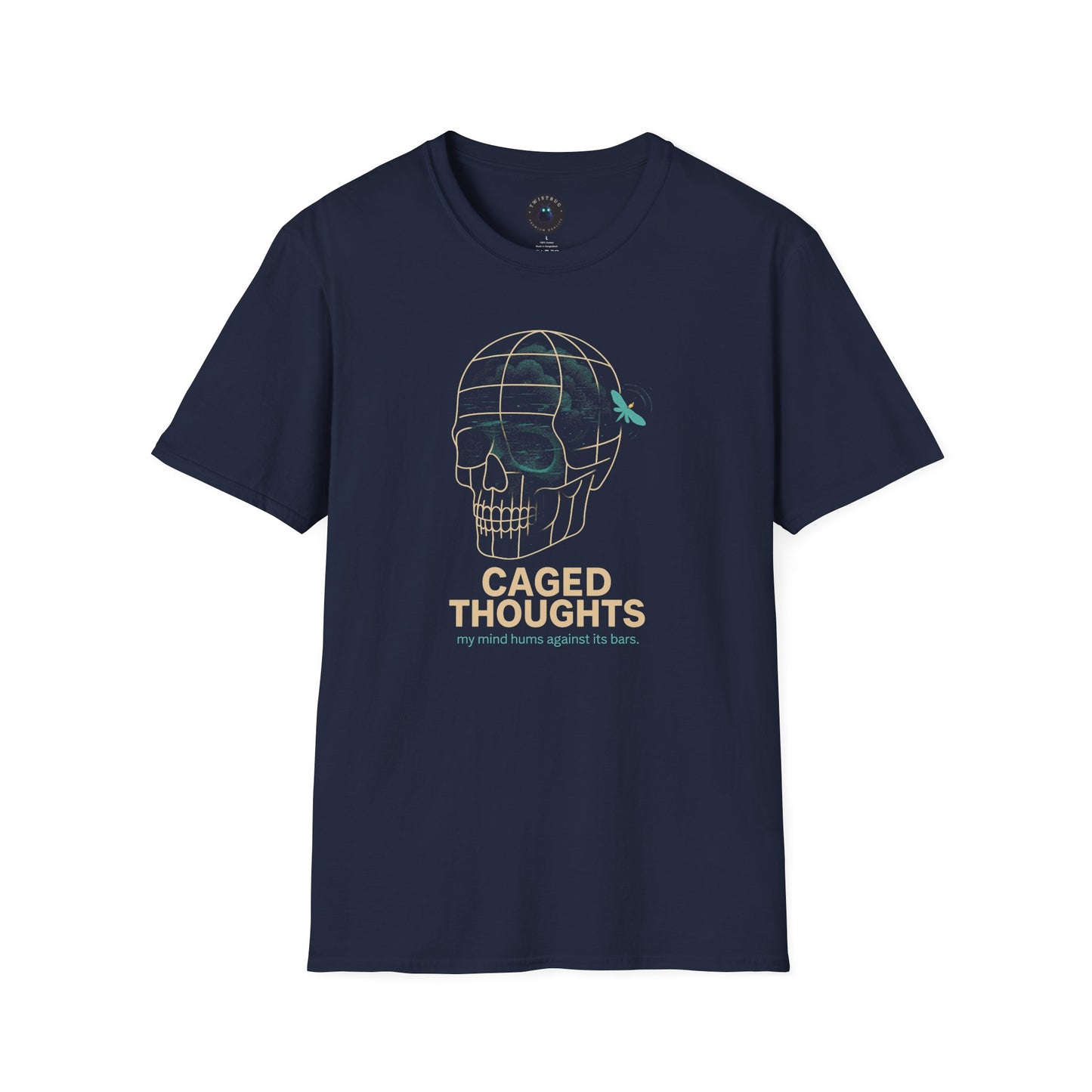 Caged Thoughts T-Shirt – Surreal Skull & Firefly Design