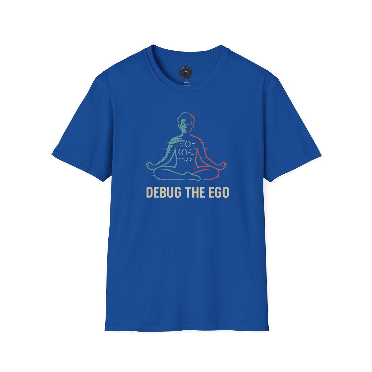 Debug the Ego Tee — Glitched Meditation Code Graphic