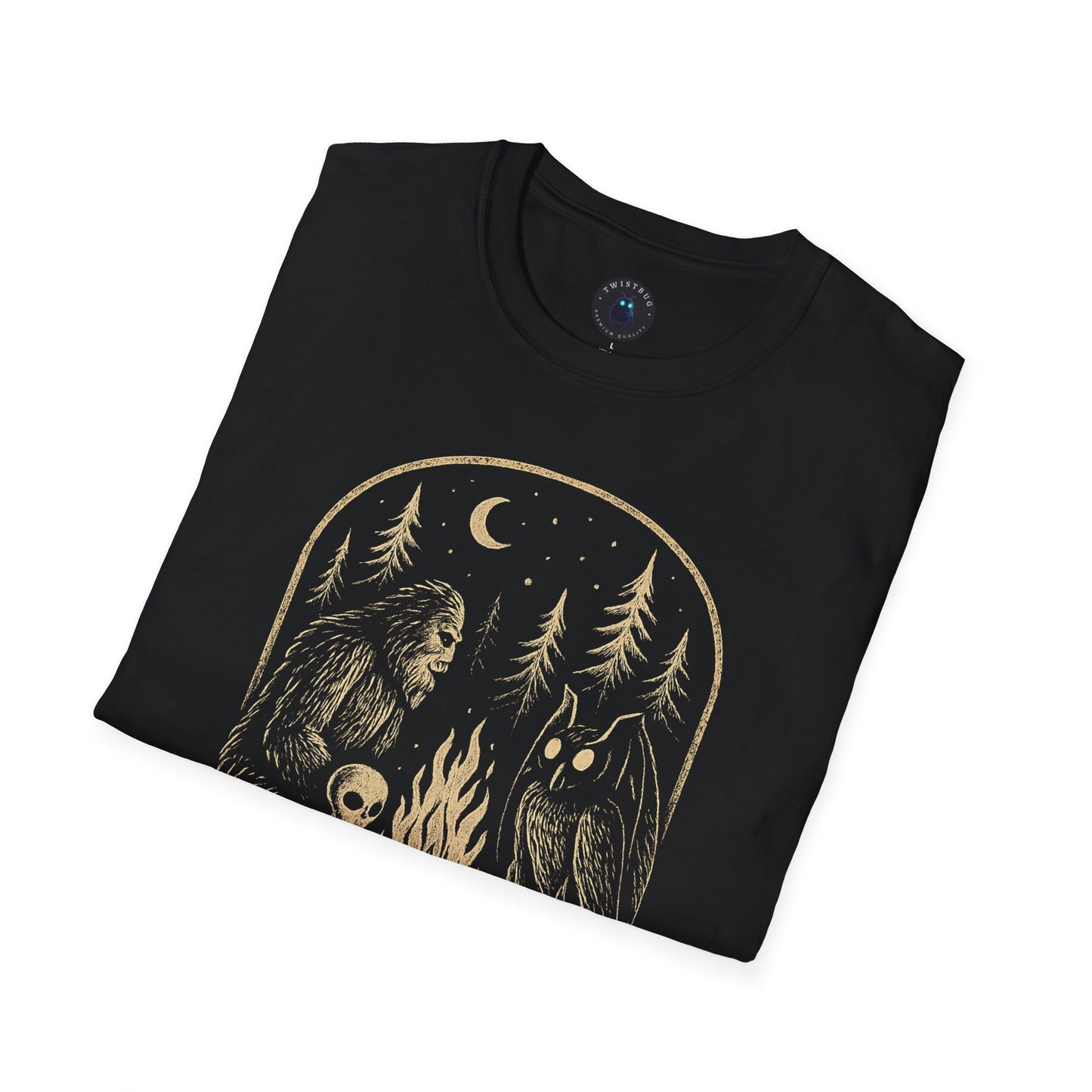 Campfire Cryptids – Bigfoot, Alien & Mothman Night Forest T-Shirt