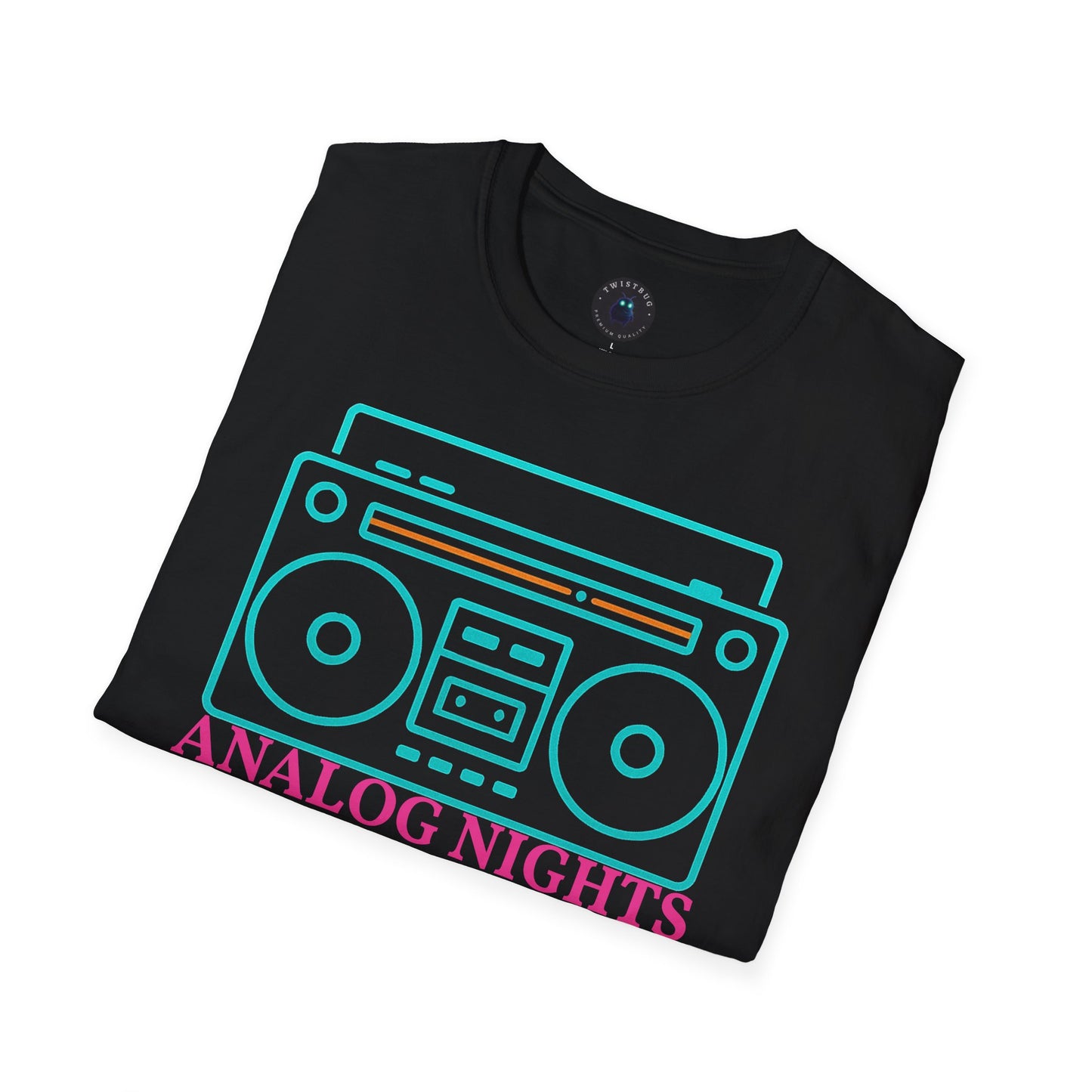 Analog Nights Boombox Tee | Neon Retro Music Graphic