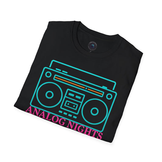 Analog Nights Boombox Tee | Neon Retro Music Graphic