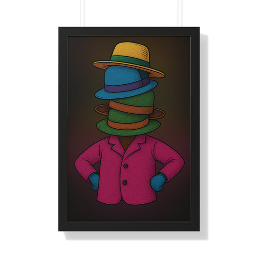 Many Hats Poster – Surreal Stacked Hat Character Wall Art Print