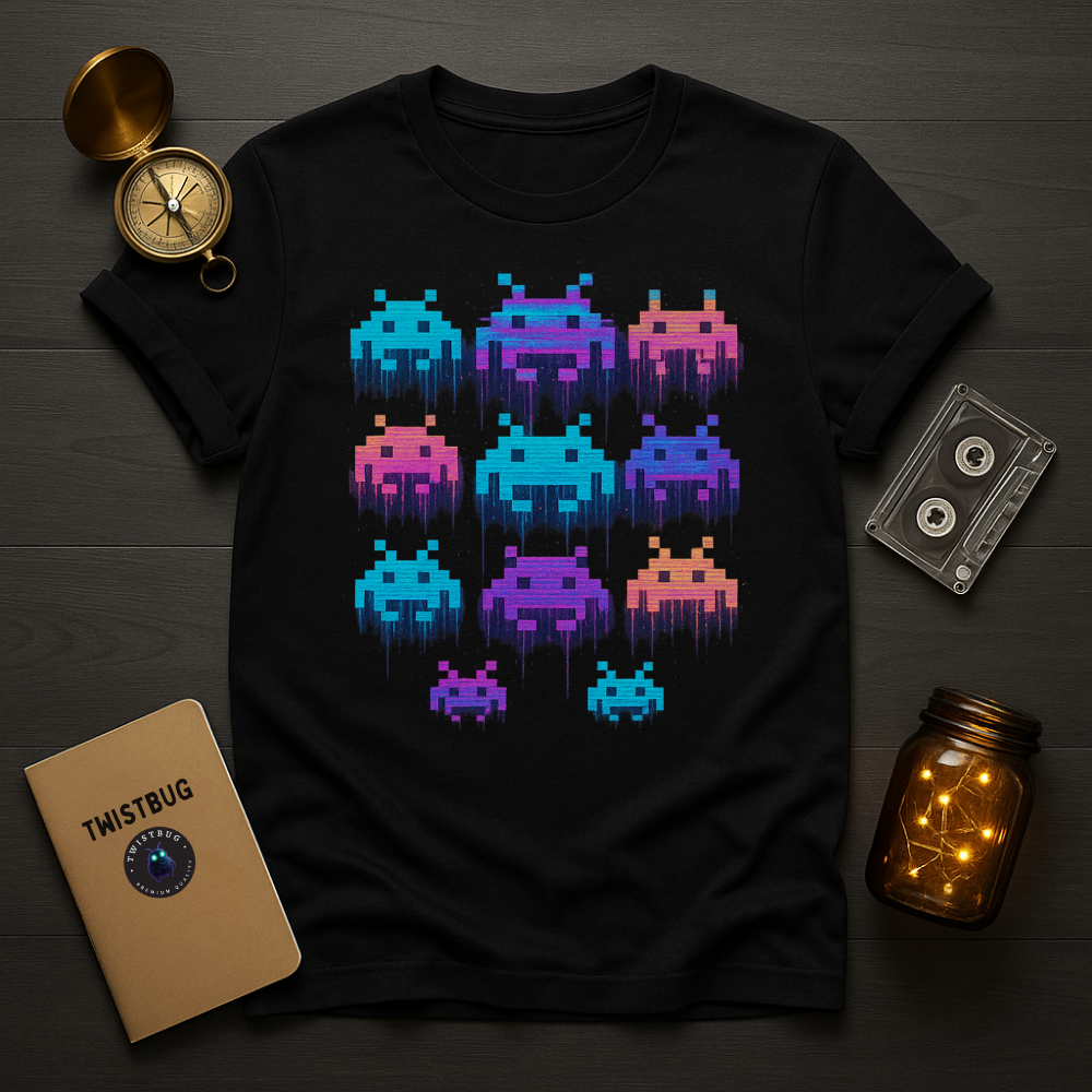 Black tee with neon pixel invaders drip-glitch grid
