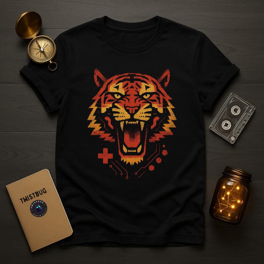 Black tee with roaring cyber tiger head in red–orange and circuit details