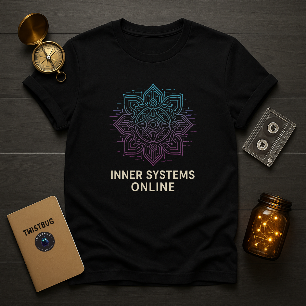 Black t-shirt with gradient cyber mandala and text ‘Inner Systems Online’