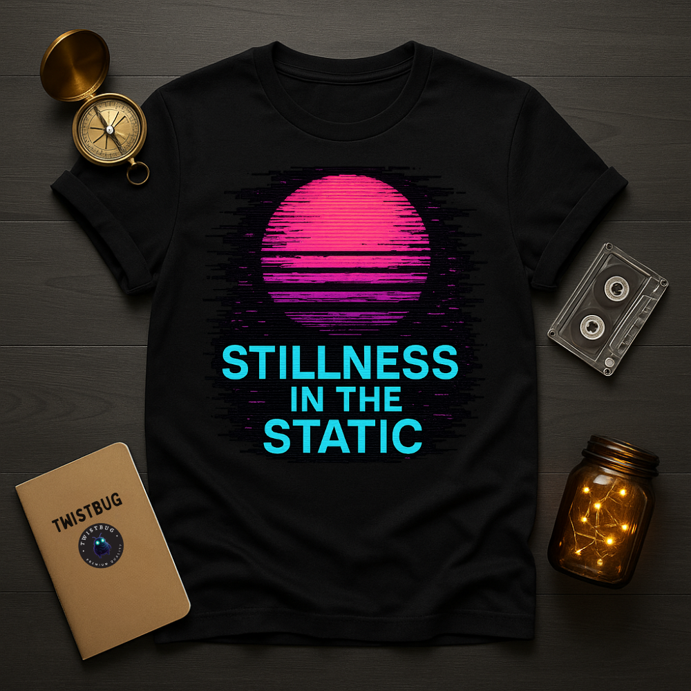 Black T-shirt showing magenta sun with cyan typography and static edges