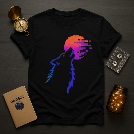 Black tee with 8-bit wolf howling at glitching neon sunset