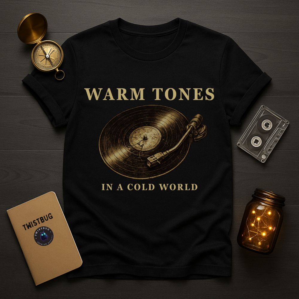 Black t-shirt with vinyl record design and text on a wooden surface with decorative items.