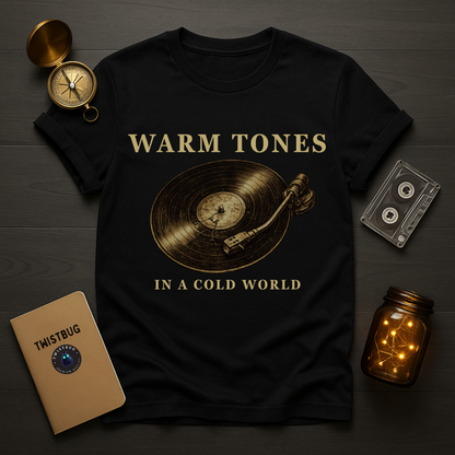 Black t-shirt with vinyl record design and text on a wooden surface with decorative items.