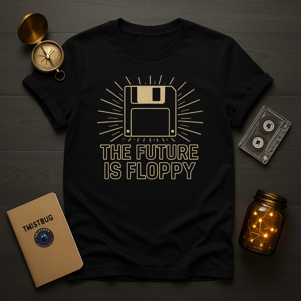 Black tee with floppy disk and “The Future Is Floppy” sunburst