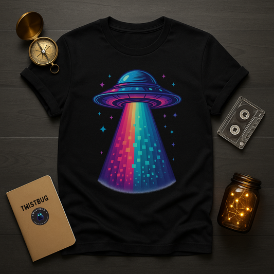 “Neon UFO beaming a rainbow pixel light—retro synthwave space graphic on a black unisex t-shirt.”