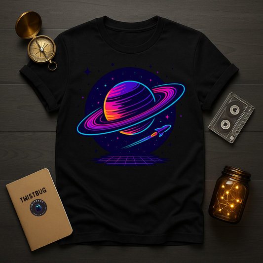 Neon Saturn synthwave planet with rocket on black tee