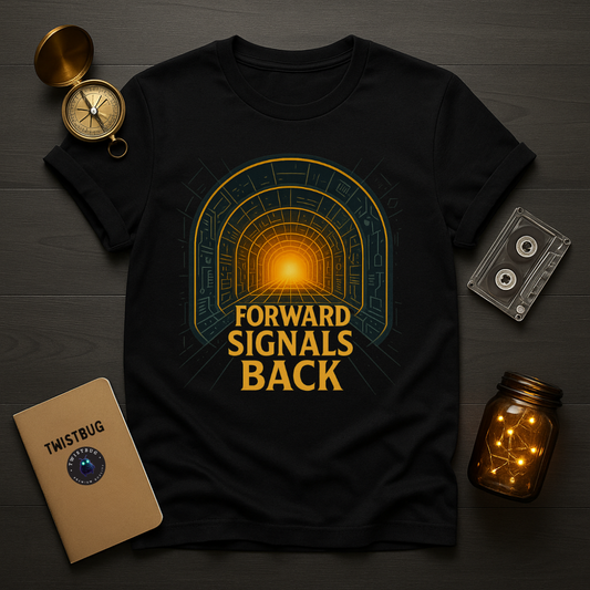 Black tee with golden signal portal and “Forward Signals Back” text