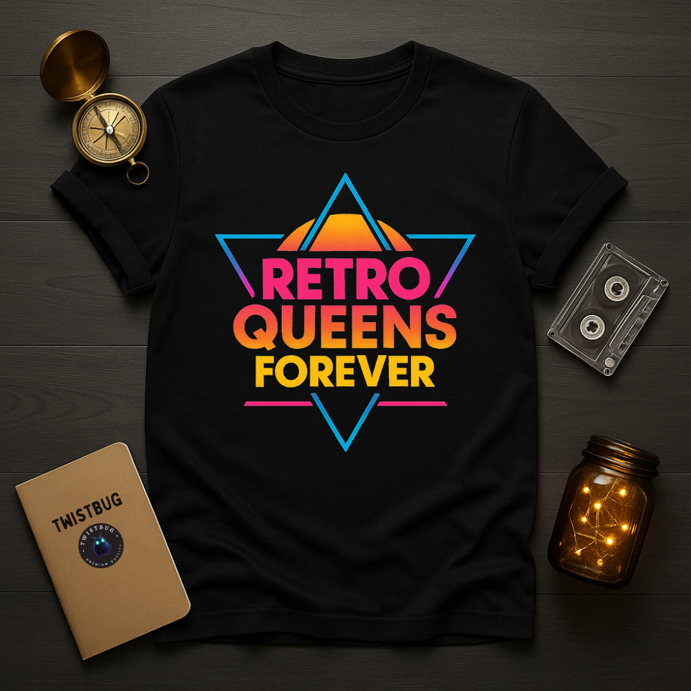 Black tee with “Retro Queens Forever” neon triangle badge