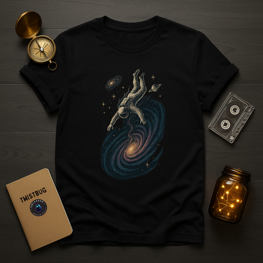 “Front view of Falling Through the Galaxy T-shirt by Twistbug — vintage astronaut drifting into a glowing spiral galaxy on black tee.”