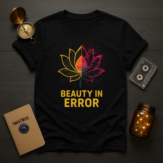 Black tee with glitch lotus and “Beauty in Error” text