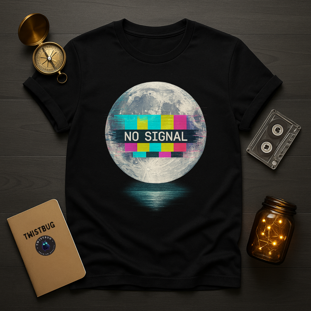 Black tee with full moon and “NO SIGNAL” TV test bars