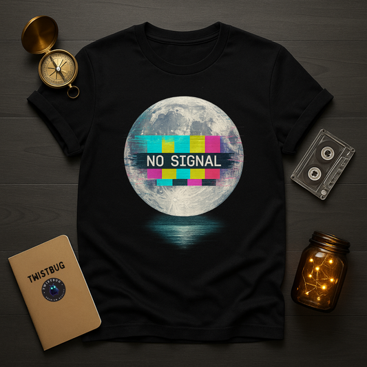 Black tee with full moon and “NO SIGNAL” TV test bars
