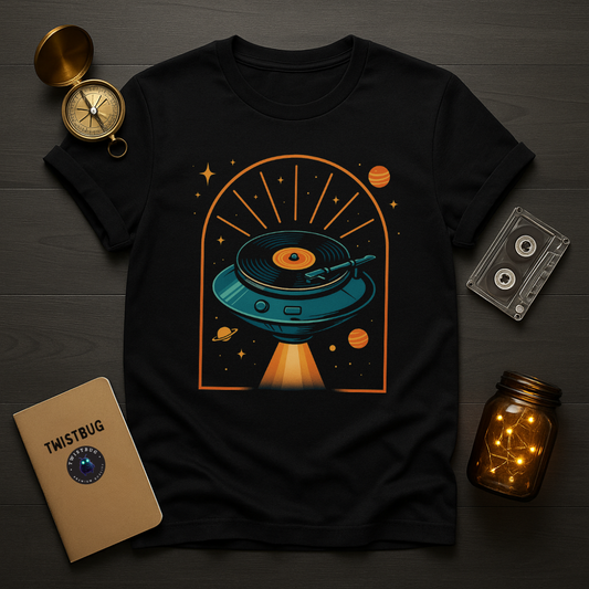 Retrofuturistic UFO record-player graphic beaming light on black tee