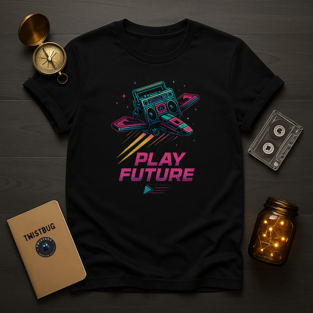 Retro boombox spaceship graphic with neon synthwave colors on black t-shirt – Play Future”