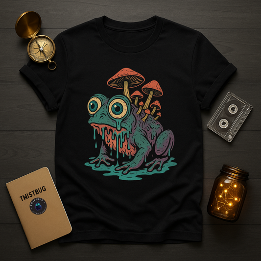 Black tee with bug-eyed mushroom frog dripping slime