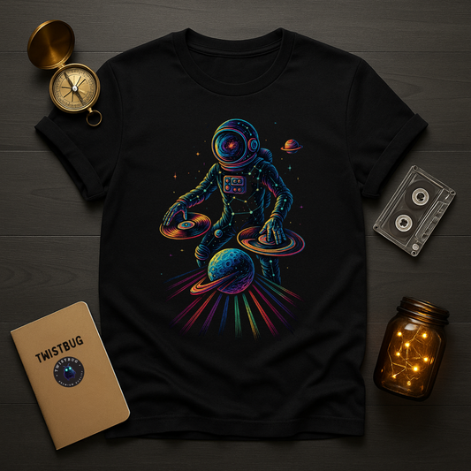 Black tee with neon astronaut DJ mixing planets and rainbow beams
