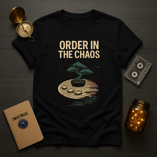 Black tee with bonsai over retro saucer and “Order in the Chaos” text
