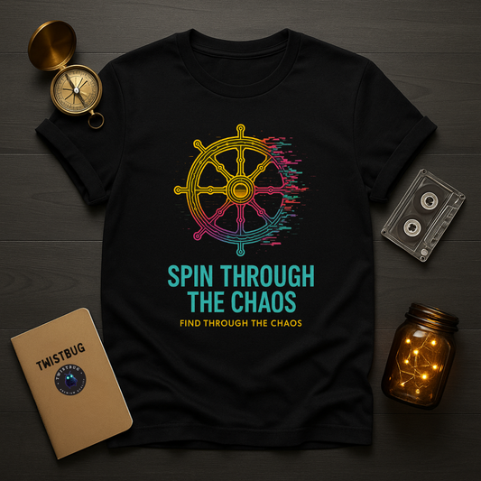 Black tee with neon glitch ship wheel and “Spin Through the Chaos” text
