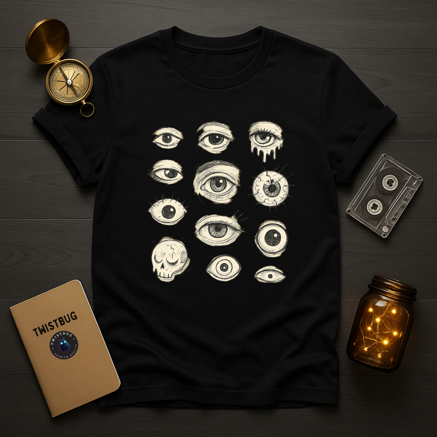 Black unisex T-shirt with cream sketch grid of eerie eyeballs and a skull eye—surreal horror graphic