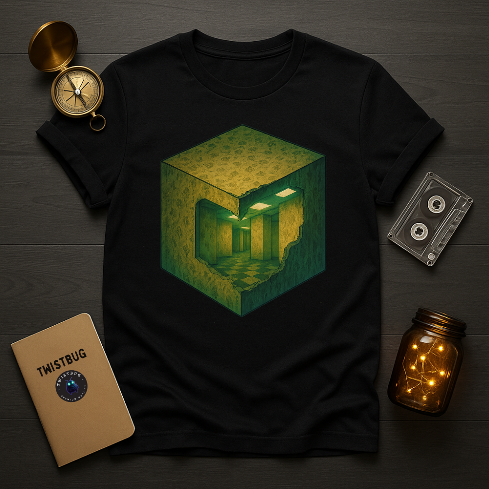 Black tee with isometric cube revealing glowing backrooms hallway