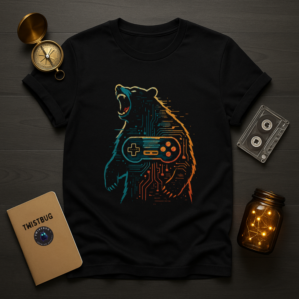 Black tee with neon circuit bear holding retro controller